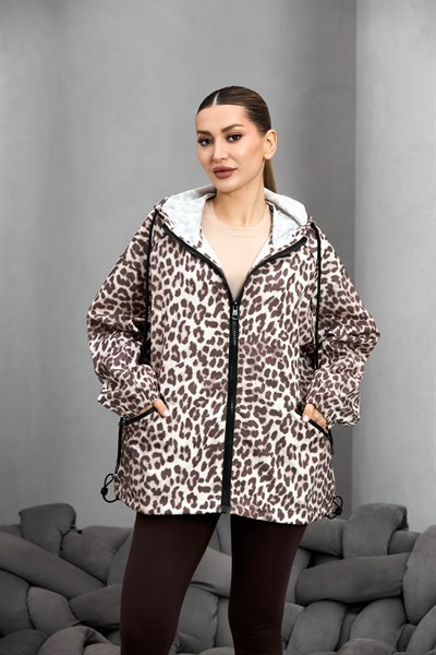 LEOPAR DESEN KAPÜŞONLU OVERSİZE YAĞMURLUK