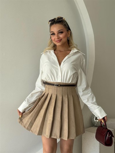 Matchli Kumaş Gömlek Elbise Bej