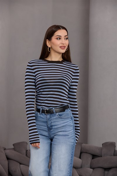Mavi Çizgili Uzun Kollu Bluz