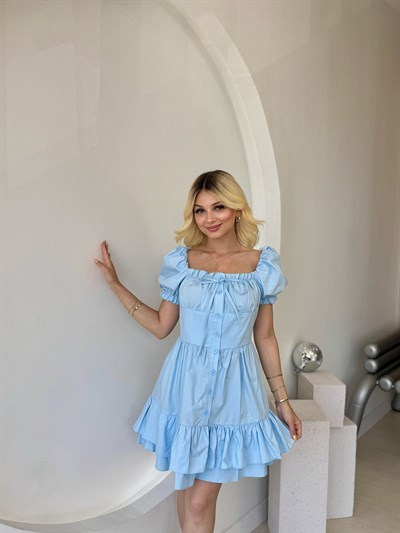 Mavi Kabarık Kol Ve Düğme Detaylı Elbise