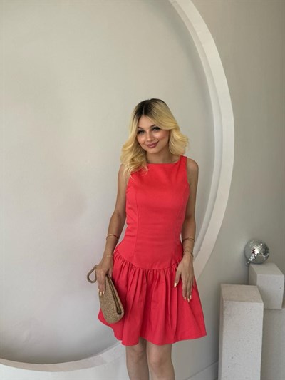 Nar Çiçeği Büzgülü Mini Elbise