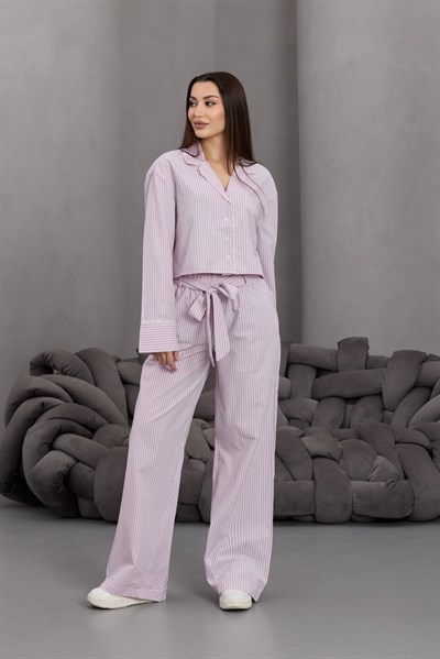 Pembe Kuşak Detay Çizgili Pantolon Crop Gömlek Takım