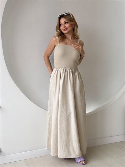 Üstü Triko Altı Poplin Askılı Elbise