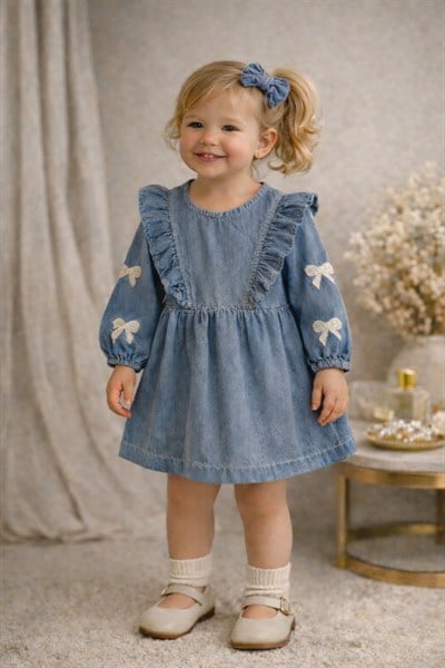 Denim Elbise+Bandana Mavi