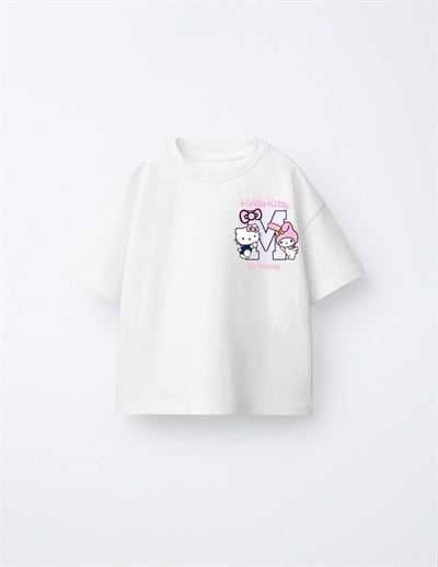 Kız Çocuk Hello Kitty Ön Arka Baskılı Oversize Tshirt Beyaz