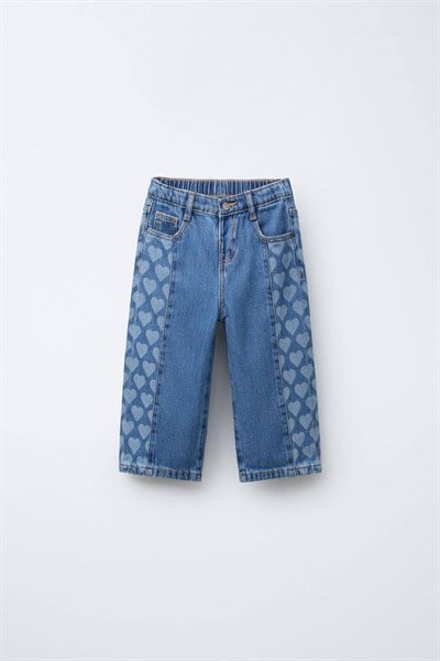 Kız Çocuk Kalpli Wide Leg Denim Pantolon İndigo