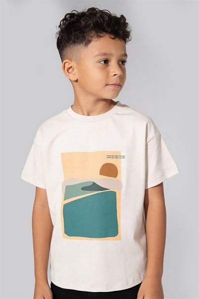 Mountain Baskılı Oversize T-shirt Bej