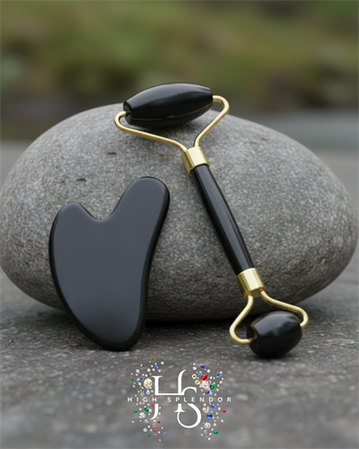 Obsidyen Doğal Taş 2li Set – Face Roller + Gua Sha Masaj Taşı