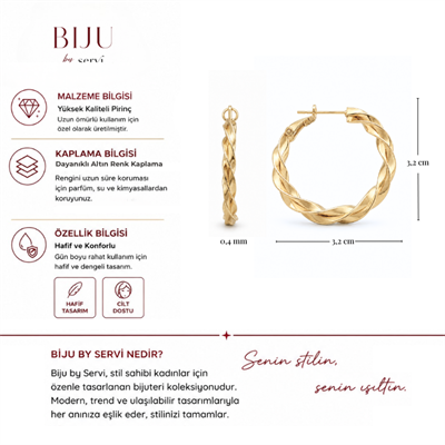 Biju by Servi 3,2 cm Altın Renk Kalın Burgu Halka Küpe
