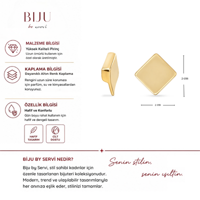 Biju by Servi Altın Renk Bombeli Kare Küpe