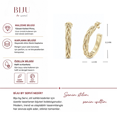 Biju by Servi Altın Renk C Form Örgü Halka Küpe