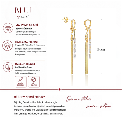 Biju by Servi Baget Taşlı Zincir Sallantılı Altın Renk Küpe