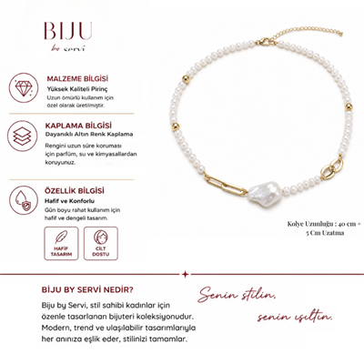 Biju by Servi Barok İnci ve Altın Renk Zincir Detaylı Kolye