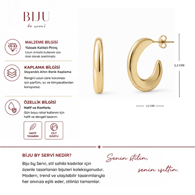 Biju by Servi C Formlu Kavisli Altın Renk Halka Küpe