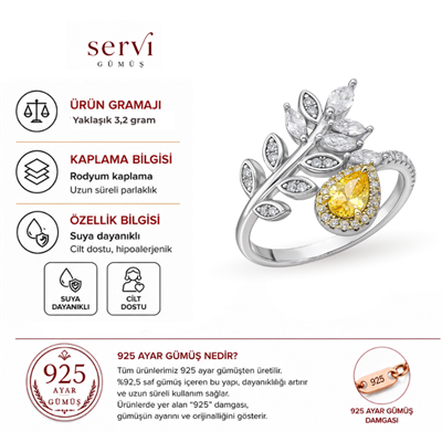 Servi 925 Ayar Gümüş Golden Leaf Yüzük