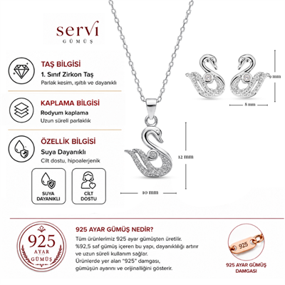 Servi 925 Ayar Gümüş Grace Kuğu Kolye ve Küpe Set