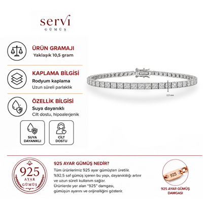 Servi 925 Ayar Gümüş 2,5 mm Kare Zirkon Taşlı Su Yolu Bileklik
