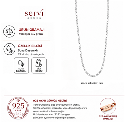 Servi 925 Ayar Gümüş 3 mm Figaro Zincir Kolye