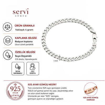 Servi 925 Ayar Gümüş 5 mm 19 cm İtalyan Zincir Bileklik