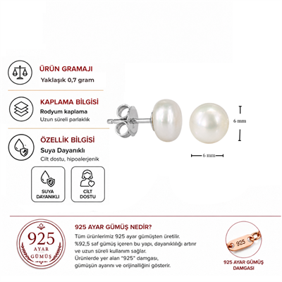 Servi 925 Ayar Gümüş 6 mm İnci Küpe