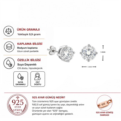 Servi 925 Ayar Gümüş Adele 5 mm Tektaş Küpe
