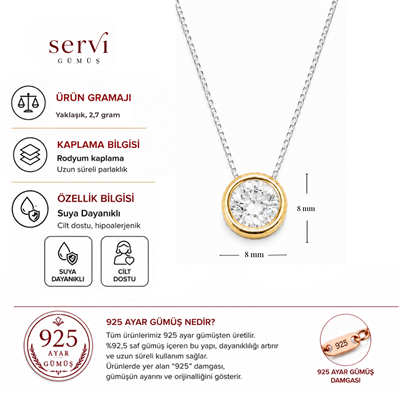 Servi 925 Ayar Gümüş Altın Detaylı Çerçeve Tektaş Kolye