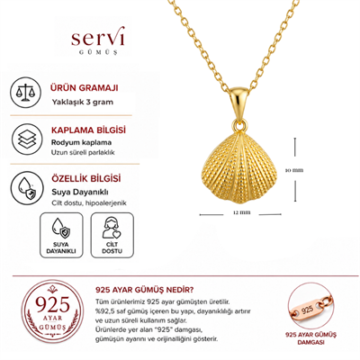 Servi 925 Ayar Gümüş Altın Renk İnci Detaylı Açılır Deniz Kabuğu Kolye