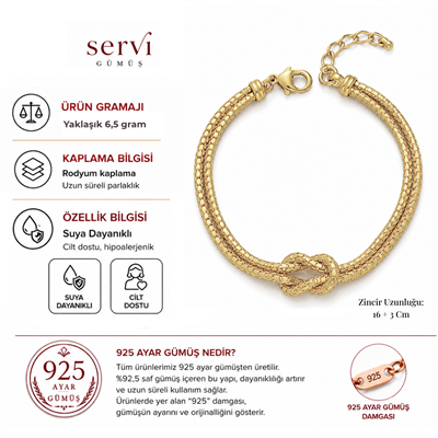 Servi 925 Ayar Gümüş Altın Renk İtalyan Love Knot Sevgi Düğümü Bileklik