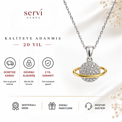 Servi 925 Ayar Gümüş Altın Yörünge Detaylı Satürn Gezegen Kolye