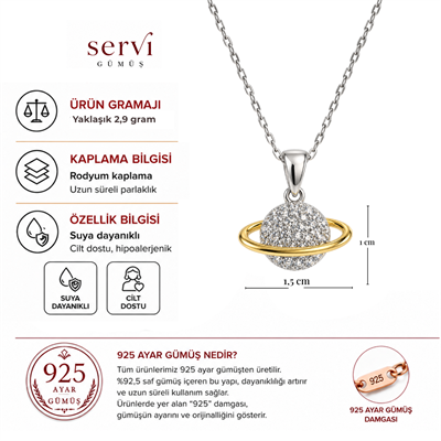 Servi 925 Ayar Gümüş Altın Yörünge Detaylı Satürn Gezegen Kolye