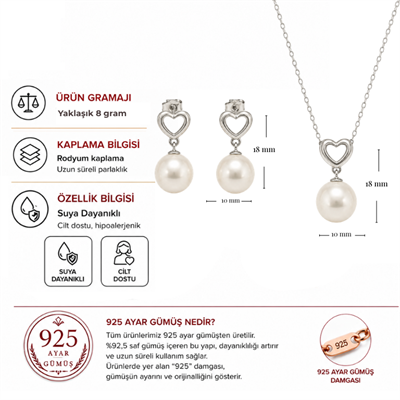 Servi 925 Ayar Gümüş Amore İnci Kalp Kolye ve Küpe Seti