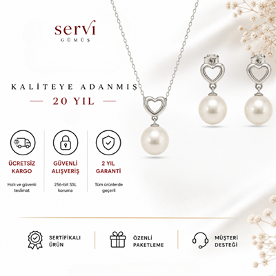 Servi 925 Ayar Gümüş Amore İnci Kalp Kolye ve Küpe Seti