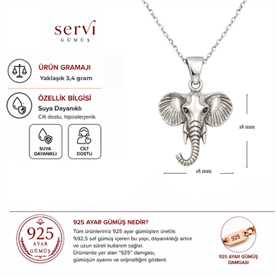 Servi 925 Ayar Gümüş Antik Fil Kolye
