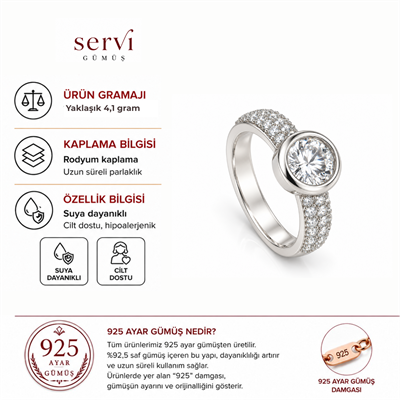 Servi 925 Ayar Gümüş Aurelia Yan Taşlı Sıvama Tektaş Yüzük