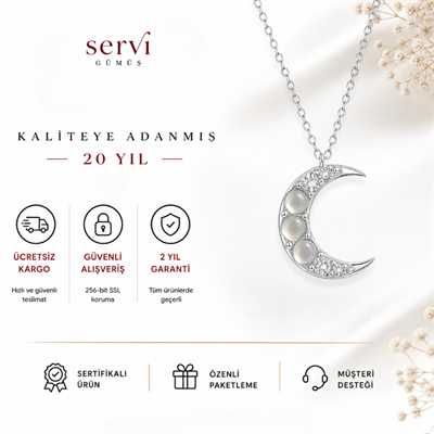 Servi 925 Ayar Gümüş Ay Taşı Rengi Taş Detaylı Hilal Kolye