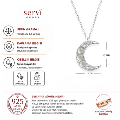 Servi 925 Ayar Gümüş Ay Taşı Rengi Taş Detaylı Hilal Kolye