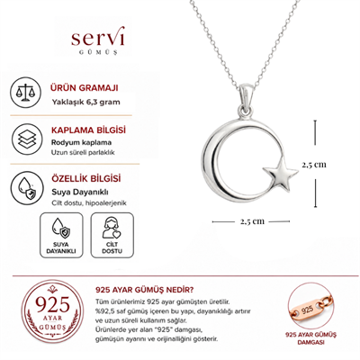 Servi 925 Ayar Gümüş Ay Yıldız Kolye