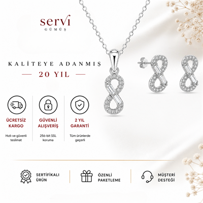 Servi 925 Ayar Gümüş Baget Detaylı Minimal Sonsuzluk Kolye ve Küpe Seti