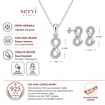 Servi 925 Ayar Gümüş Baget Detaylı Minimal Sonsuzluk Kolye ve Küpe Seti