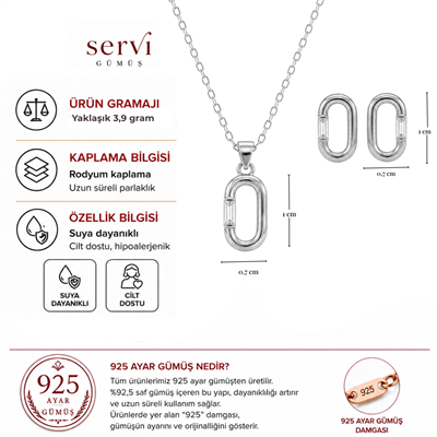 Servi 925 Ayar Gümüş Baget Taşlı Minimal Oval Kolye ve Küpe Seti