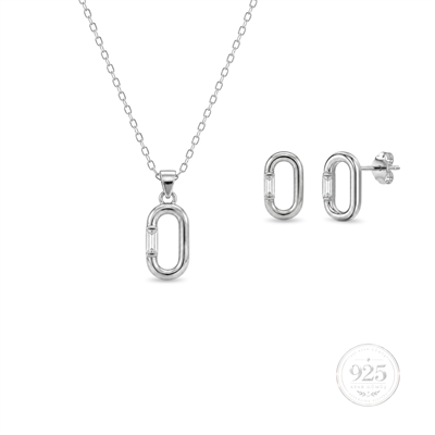 Servi 925 Ayar Gümüş Baget Taşlı Minimal Oval Kolye ve Küpe Seti