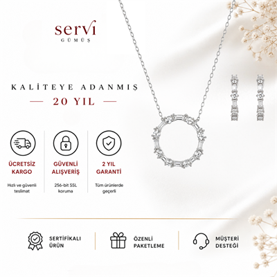 Servi 925 Ayar Gümüş Baget ve Zirkon Taşlı Halka Kolye ve Küpe Seti