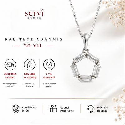 Servi 925 Ayar Gümüş Beşgen Baget Taşlı Kolye ve Küpe Set  