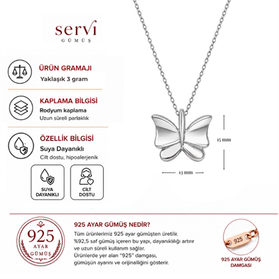 Servi 925 Ayar Gümüş Butterfly Kelebek Kolye
