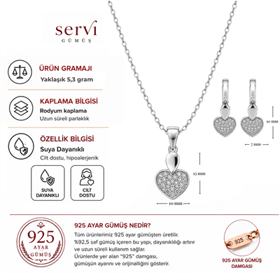 Servi 925 Ayar Gümüş Celine Kalp Kolye ve Küpe Seti