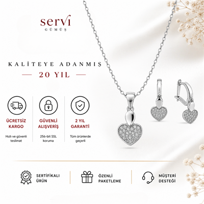 Servi 925 Ayar Gümüş Celine Kalp Kolye ve Küpe Seti