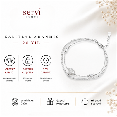 Servi 925 Ayar Gümüş Çift Sıra Kalp Detaylı Su Yolu Bileklik