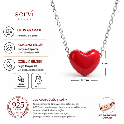 Servi 925 Ayar Gümüş Çift Taraflı  Siyah ve Kırmızı Mineli Kalp Figürlü Kolye