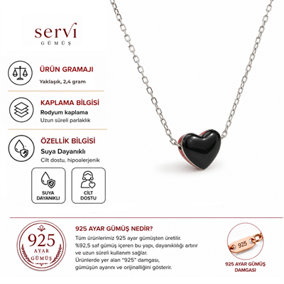 Servi 925 Ayar Gümüş Çift Taraflı  Siyah ve Kırmızı Mineli Kalp Figürlü Kolye