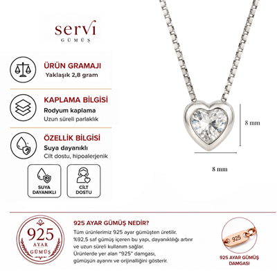 Servi 925 Ayar Gümüş Crystal Heart Tektaş Kalp Kolye